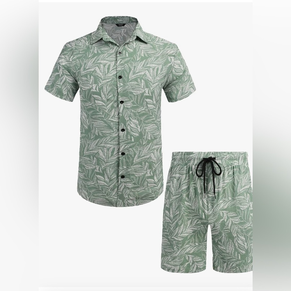 Men's Matching Set Green Leaf Print Shirt and Shorts